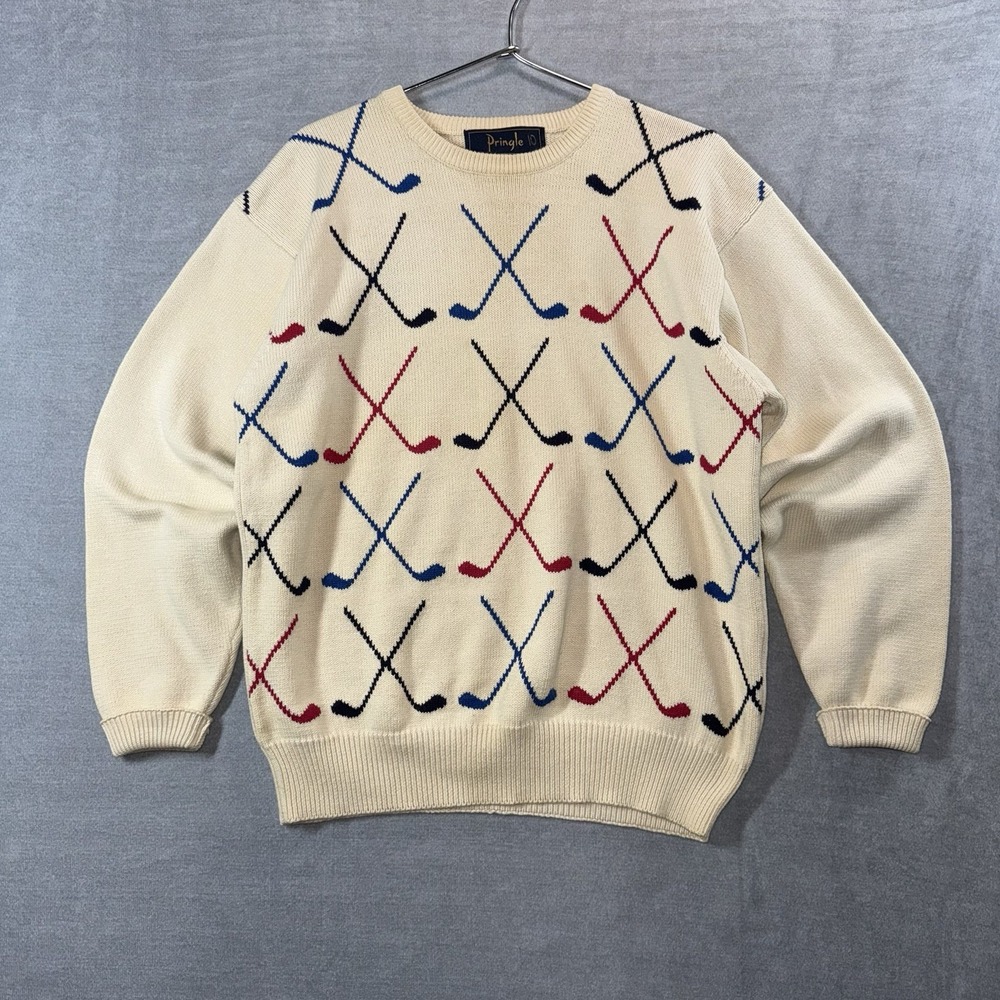 Vintage Pringle of Scotland Crewneck Sweater Mens Small Cream Golf Club Preppy